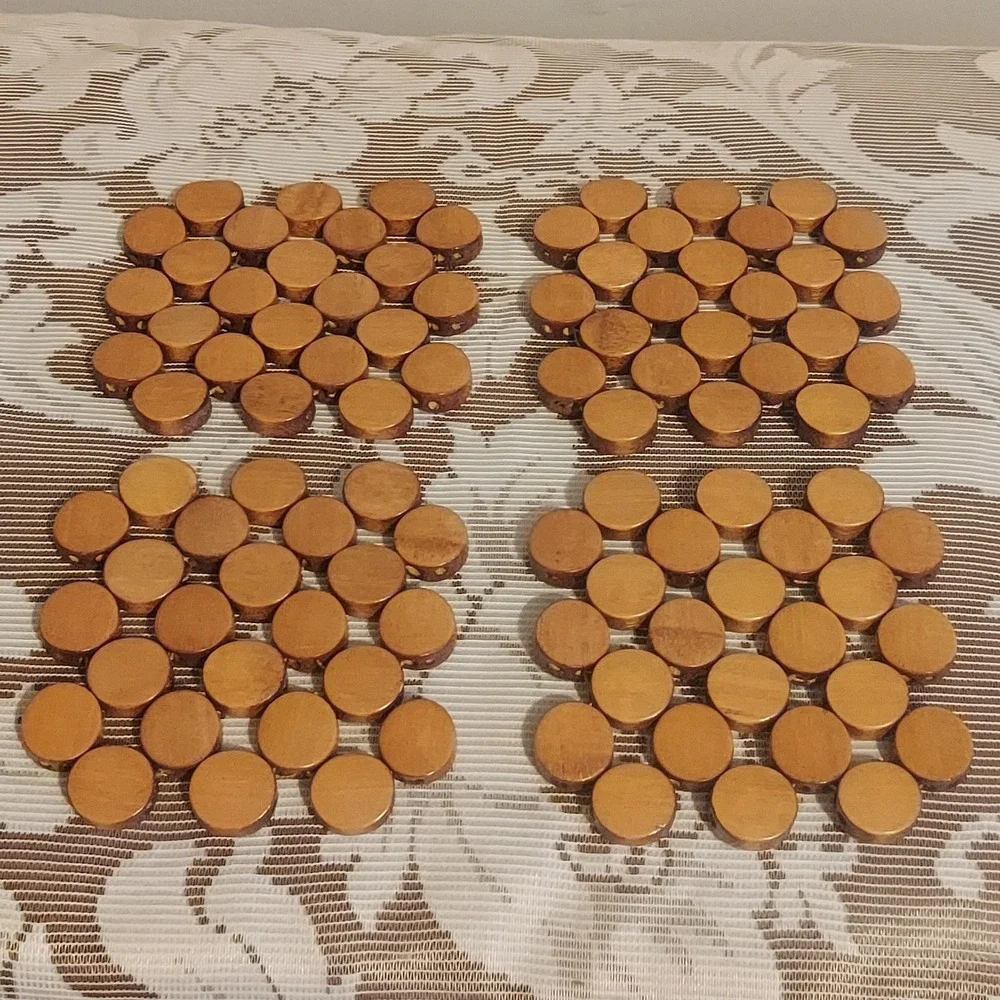 Vintage Handmade Wood Bead Coasters Set of 4 Honey Brown Square Boho Tableware
